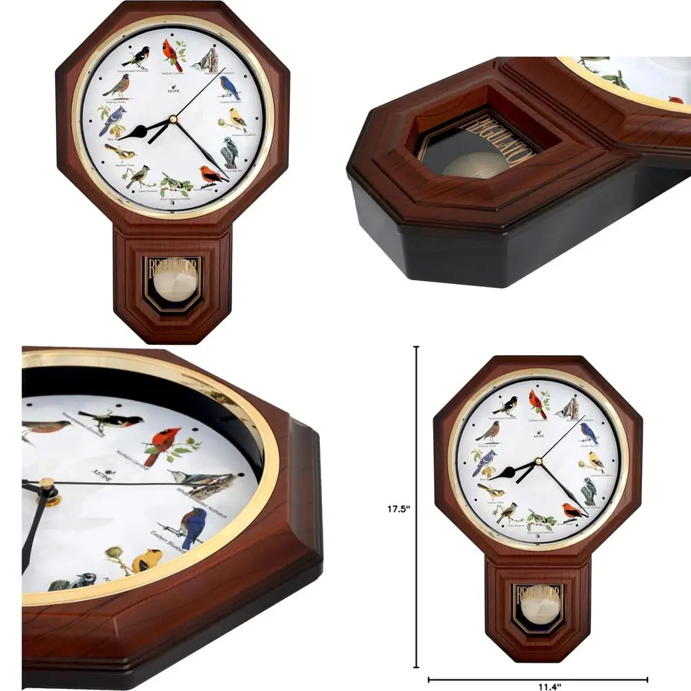 

Unique 12 Northern Cardinal Bird Song Schoolhouse Pendulum Wall Clock with Hourly Chimes and Silent Movement