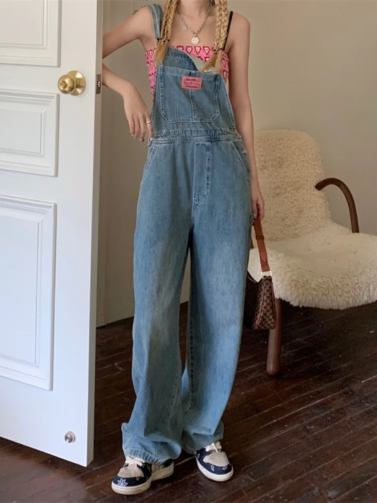 

Blue Denim Jumpsuit For Women Vintage Casual Washed Wide Leg Strap Pants Female All Match Loose Straight Jeans