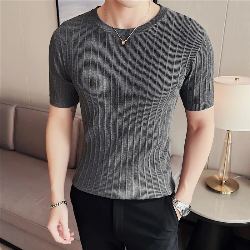 2022 Brand Clothing Men's Summer Leisure Short Sleeve T-Shirt/Male Slim Fit O-Neck Stripe Knitted T-Shirt Plus Size S-4XL