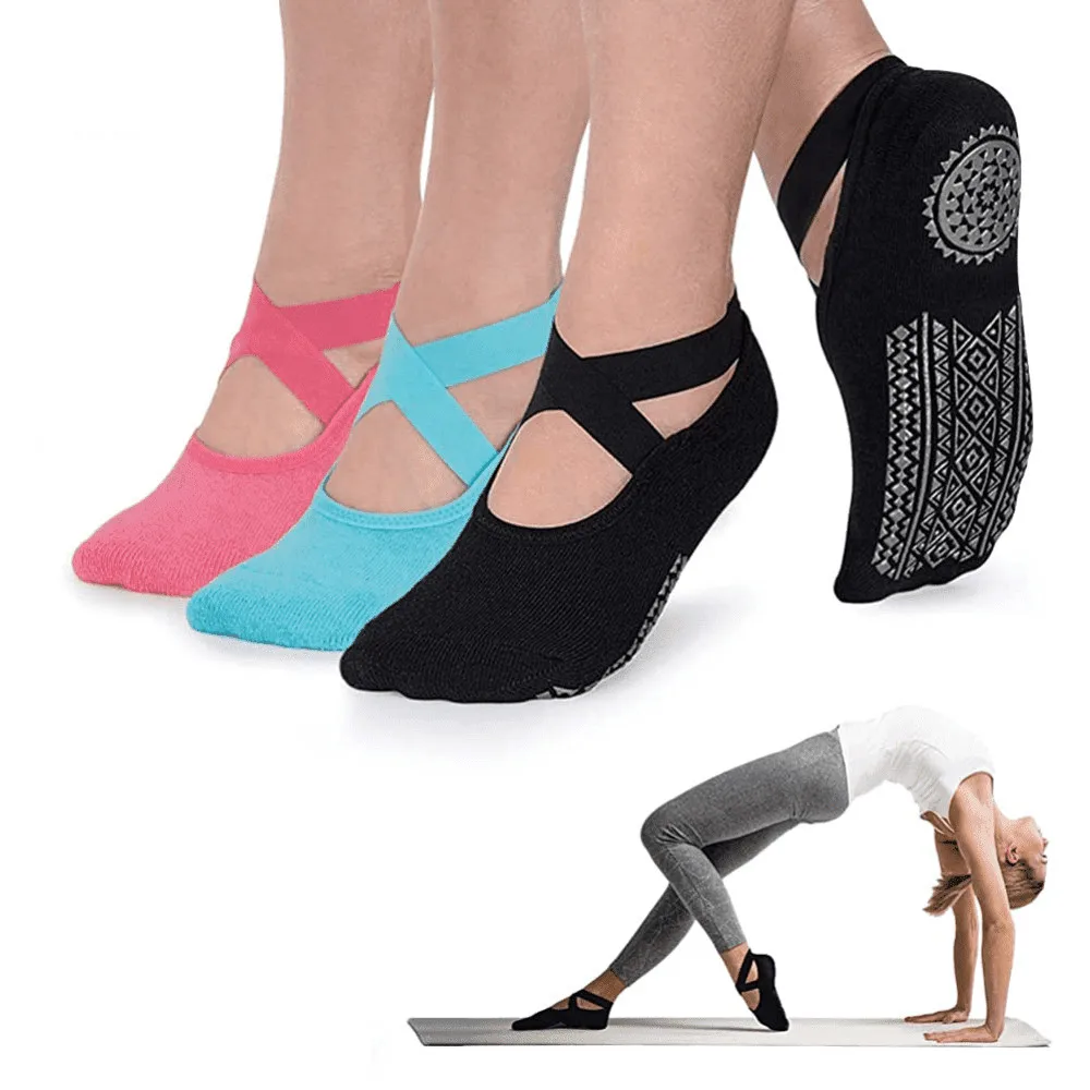 1 Pair Socks for Women Non-Slip Grips & Straps, Bandage Cotton Sock, Ideal for Pilates Pure Barre Ballet Dance Barefoot Workout