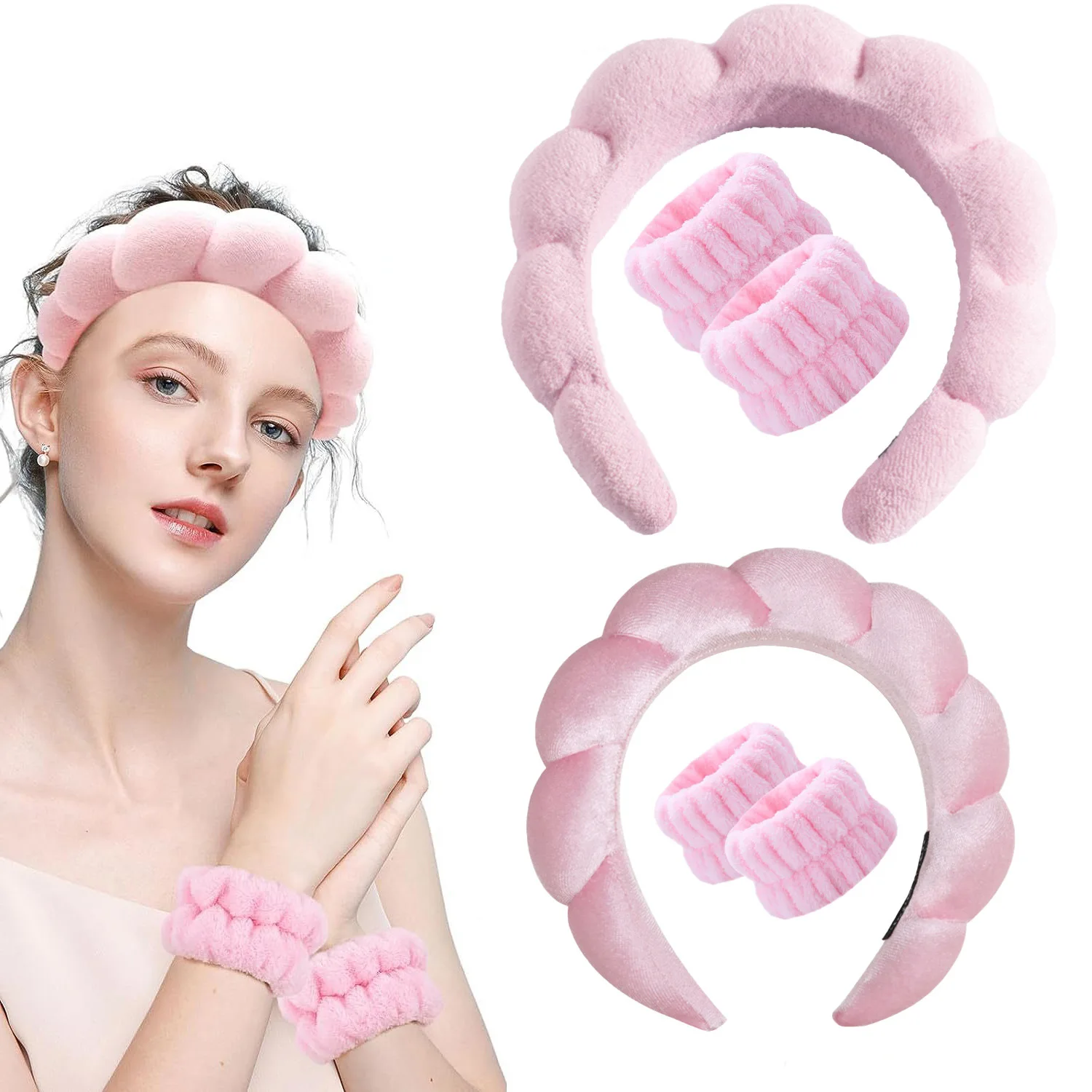 

3Pcs Set Floral Makeup Sponge Headbands for Women, Puffy Spa & Yoga Hair Band, Moisture-Proof Wristband Skincare Travel Gift