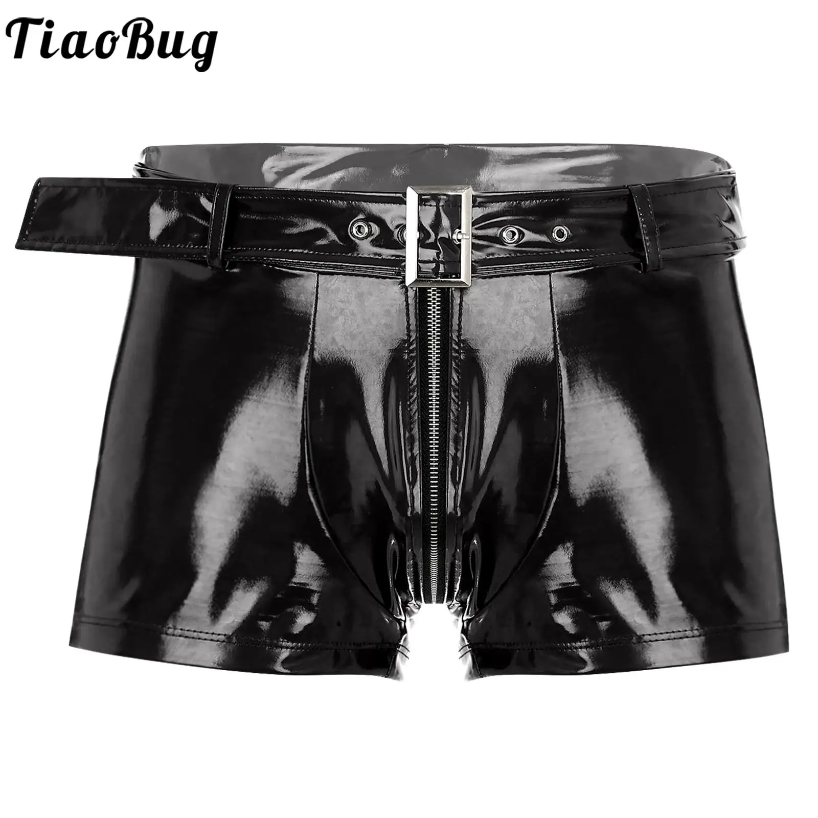 

Mens Low Waist Wet Look Boxer Shorts with Waist Belt Zipper Open Cortch Bulge Pouch Panties Underwear Nightclub Sexy Underpants