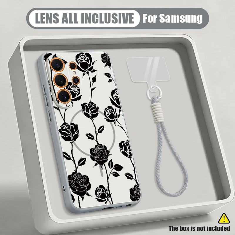 Rose Flower Printed Magnetic Phone Case For Samsung Galaxy S26 S25 Ultra S24 S23 FE A57 a17 A56 A37 A16 5G A55 A36 Lanyard Cover