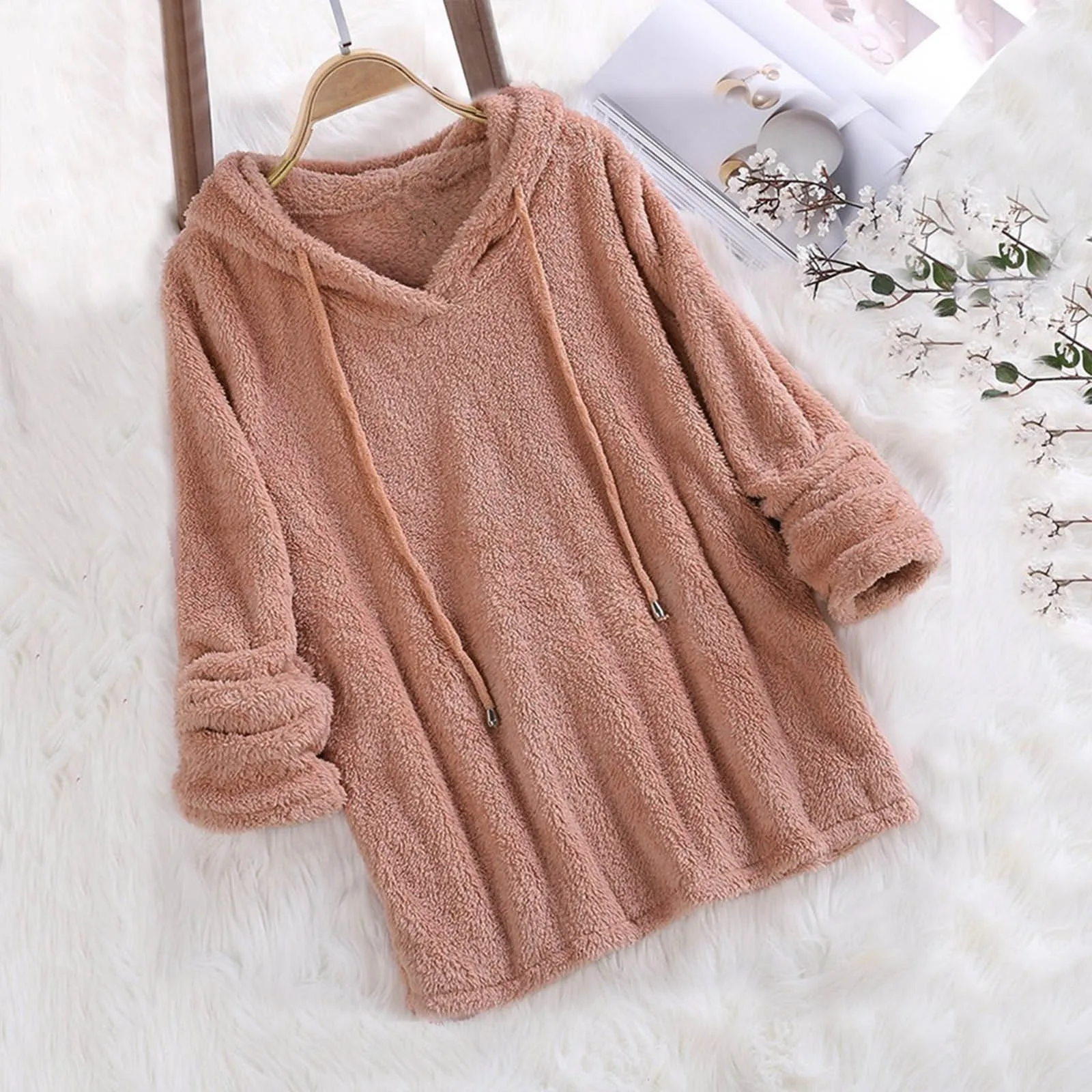 

Women's Casual Hoodies Solid Color Fleece Plush Comfotable Hooded Long Sleeve Sweatshirts Loose Simplicity Double-sided Tops