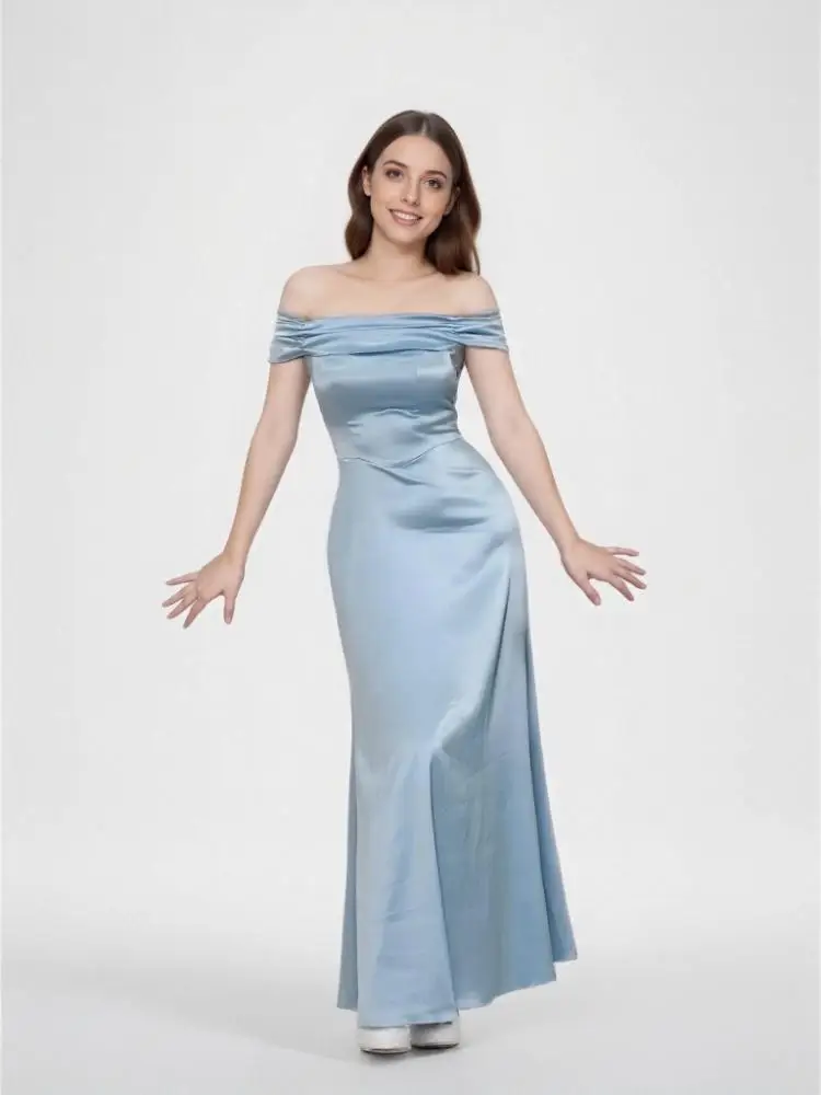 

Beshinel Customized Light Blue Off The Shoulder Satin Mermaid Prom Gowns 2025 Elegant Sleeveless Wedding Party Dresses Vestidos