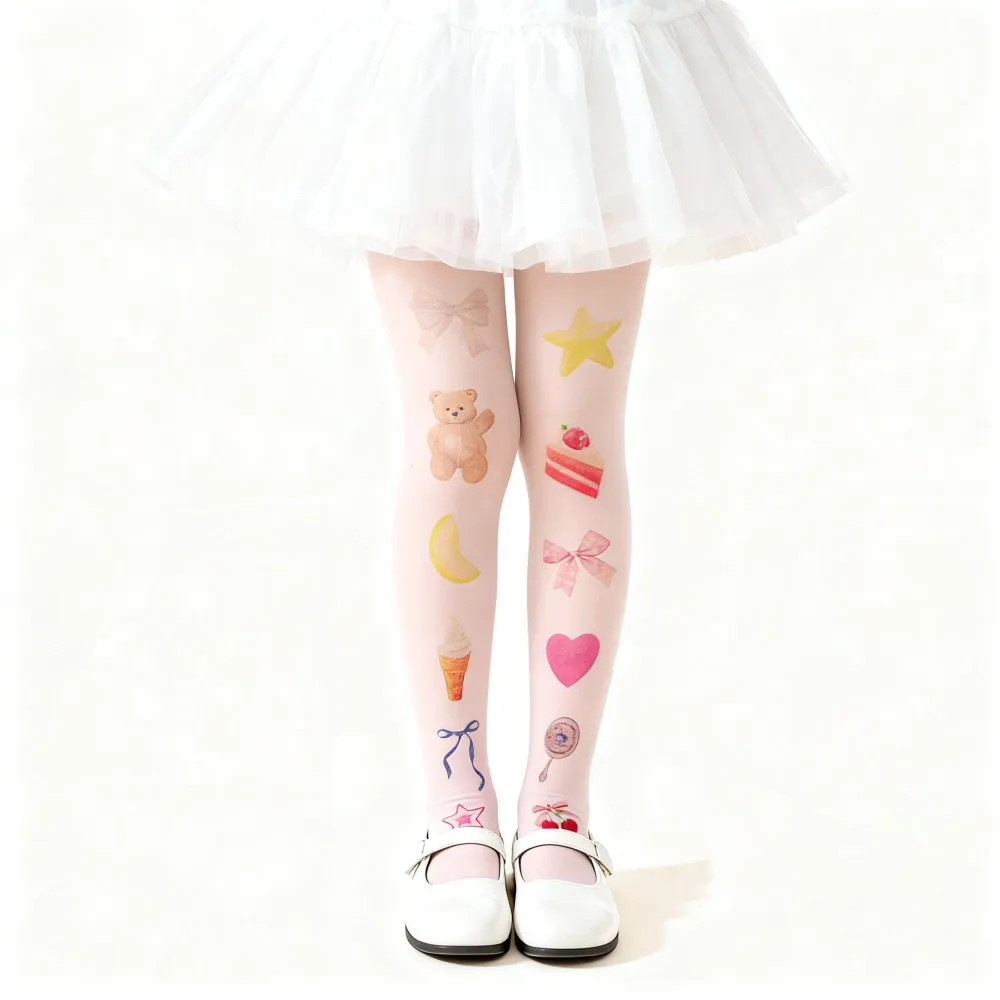 Kids Girls White Tights Summer Thin Pantyhose Digital Printed Cartoon Stockings Breathable Soft Nylon Leggings For Daily Wear