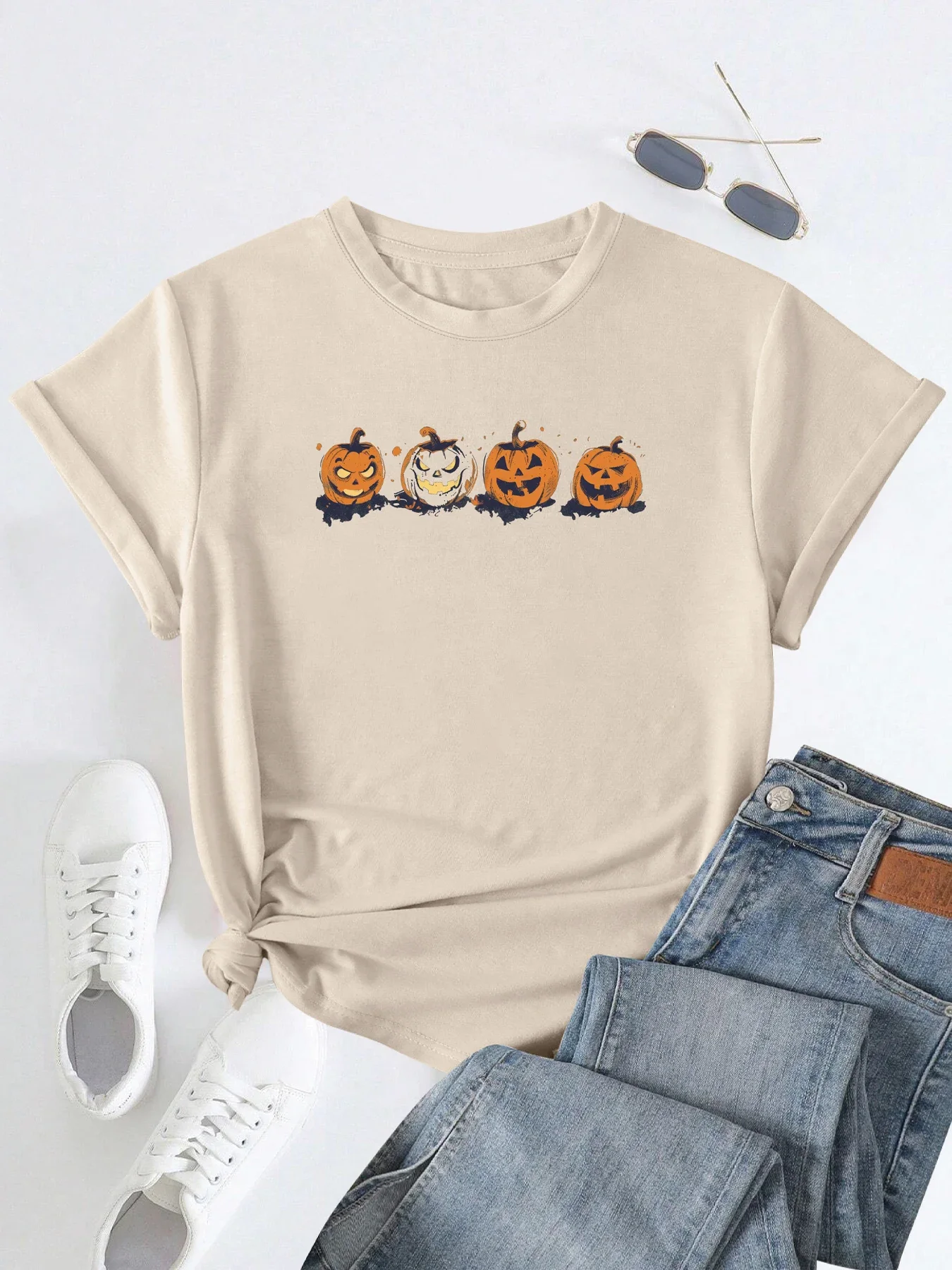 Cool Halloween Pumpkin Parade Graphic  Print T-shirt Short Sleeve Crew Neck Casual Top For Summer & Spring Women\'s Clothing