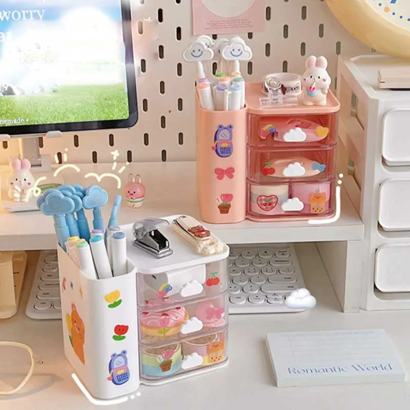 

Kawaii Multifunctional Desk Organizer 3 Layer Drawer Case Pencils Holder Desktop Storage Box School Office Stationery Makeup Box