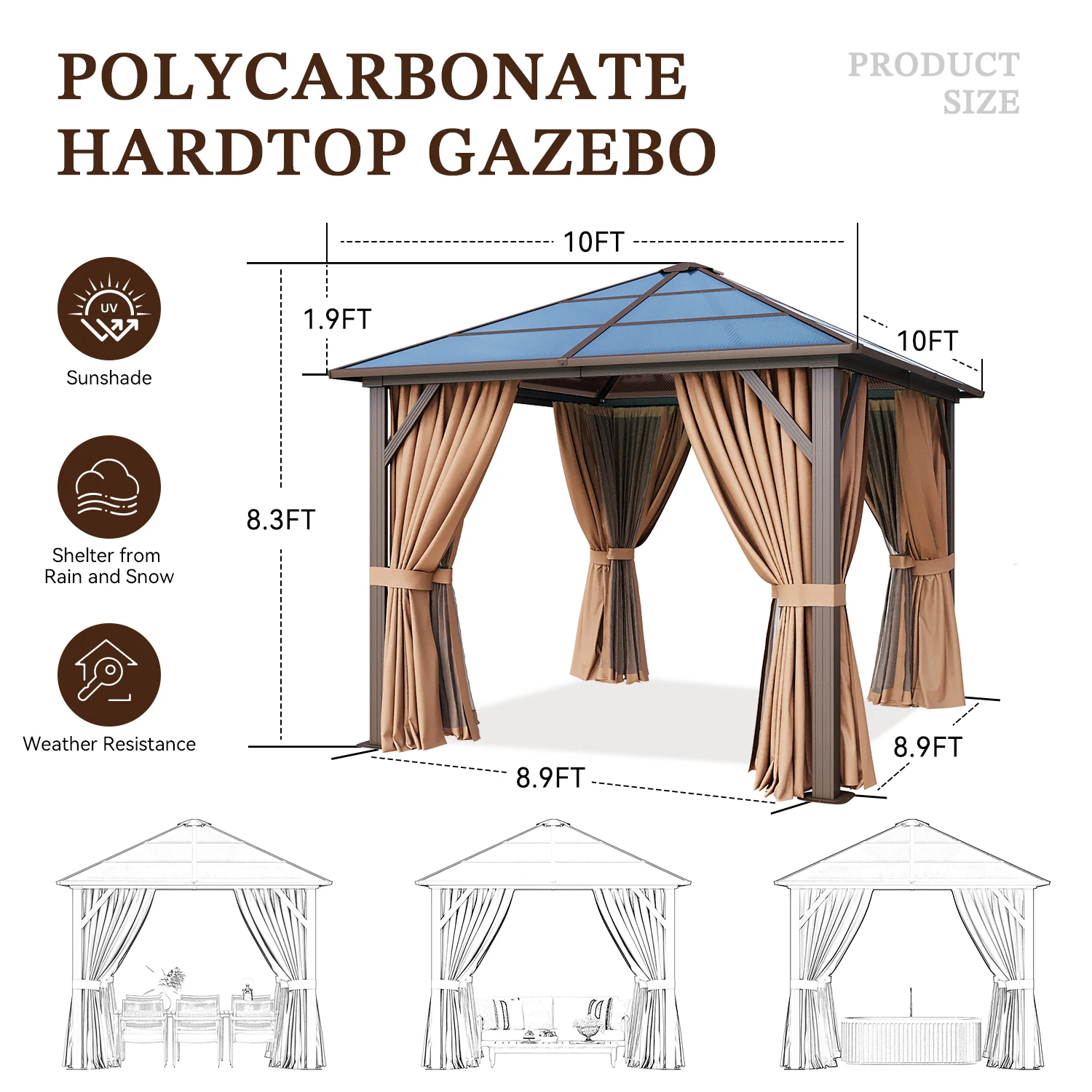 Aoxun 10x10 TF Outdoor Permanent Gazebo Single Top, Polycarbonate Frame with Curtains/Netting,for Patios, Backyards,Gardens/Lawn