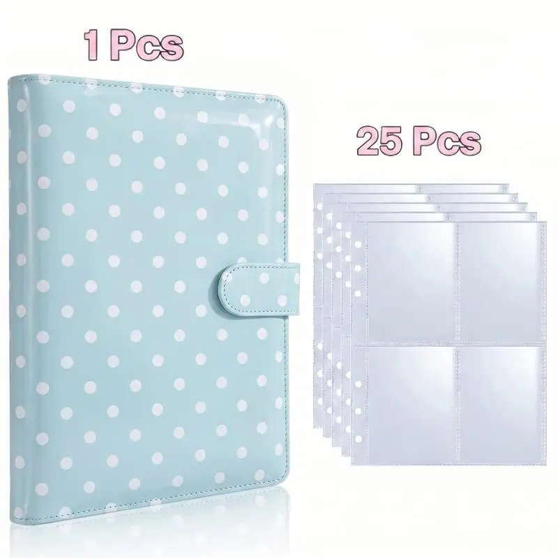 Macaron Color Polka Dot 100-Grid Card Binder-25 Pcs 4-Grid Sleeves, A5 PU Leather Card Collection Album,Photo Storage Card Book