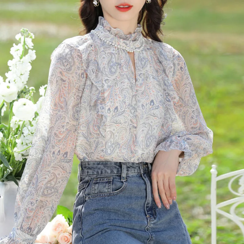 2023 New Spring and Summer Fashion Commuter Floral Standing Neck Studded Bead Hollow Out Style Simple Long Sleeve Loose Shirt