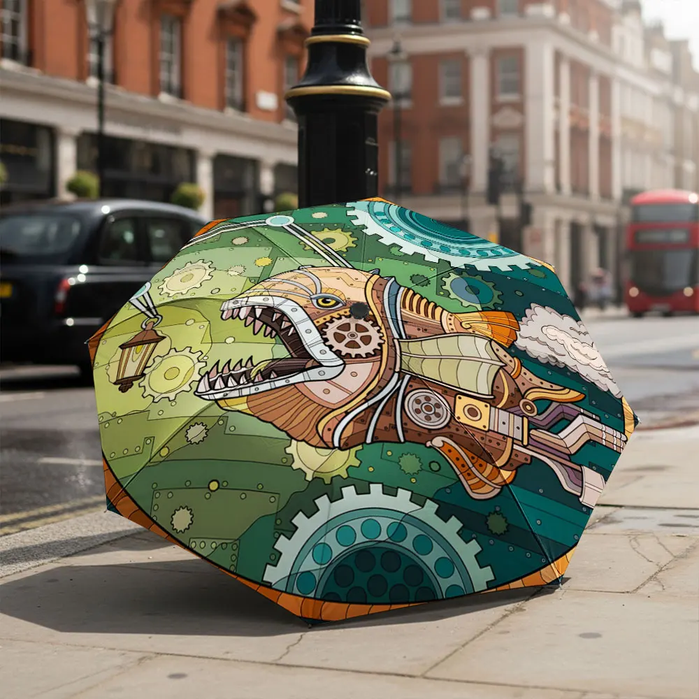 1P C Steampunk Fish Design Umbrella in Front of Iconic Building Print 8 Iron Ribs Folding Umbrella Auto-Open Fashion Sunshade