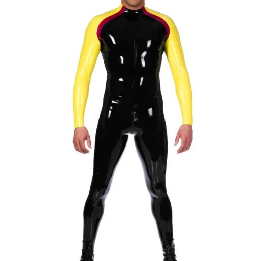 

Latex Rubber Gummmi Black and yellow patchwork Jumpsuit role play party hand customized 0.4mm XS-XXL