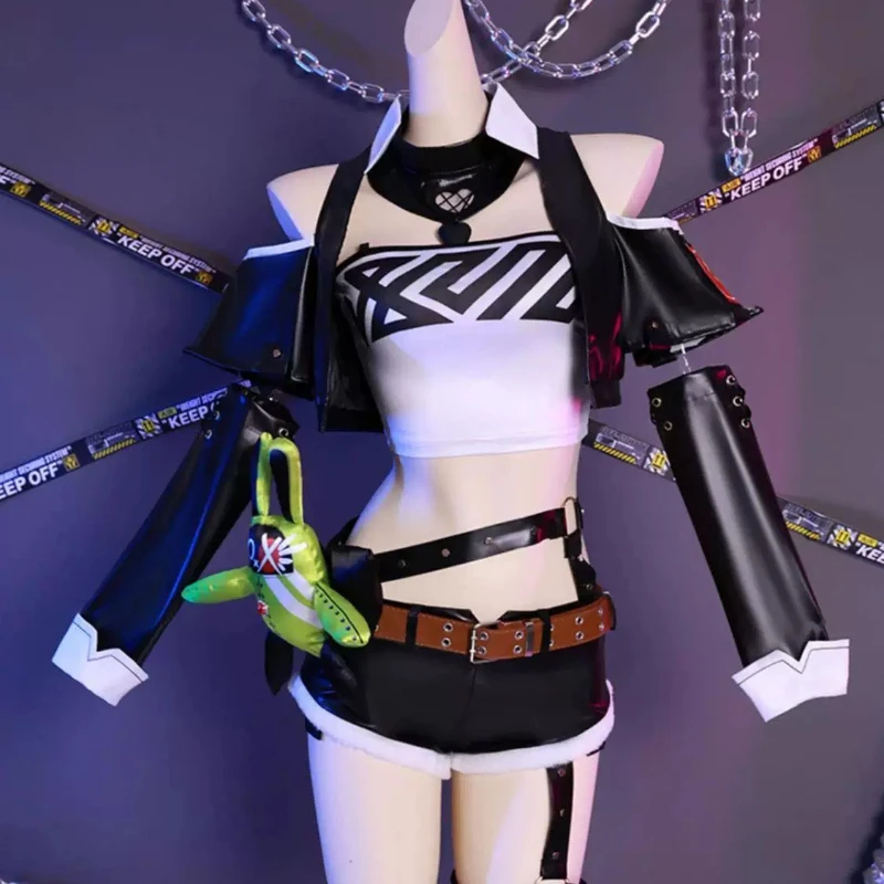 Nicole Demara ZZZ Cunning Sweetheart Skin Cosplay Neon Pink Bralette Harajuku Punk Arm Warmers Harness Belt Mini Dress Set view 6