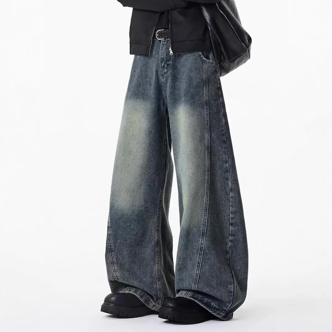 

Американские джинсы в стиле High Street с деконструированным изогнутым низом для мужчин и женщин, зимняя модная коллекция, струящиеся, с эффектом потертости, состаренные.