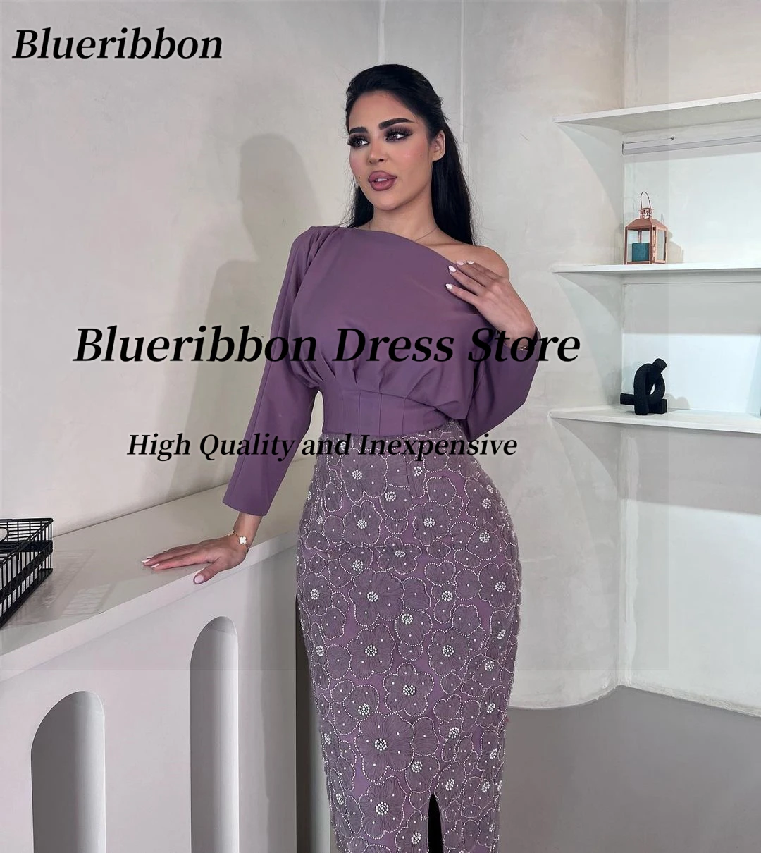 Blueribbon Modern Prom Dresses 2024 Long Sleeves Birthday Party Saudi Arabia Women Wear Beaded Lace Flowers Evening Formal Gowns