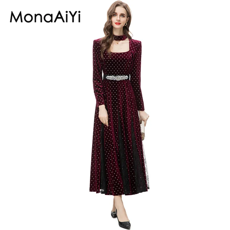 MonaAiYi-Robe rétro violette décontractée pour femme, col semi-ouvert, manches longues, ceinture à paillettes, créateur de mode, nouveau