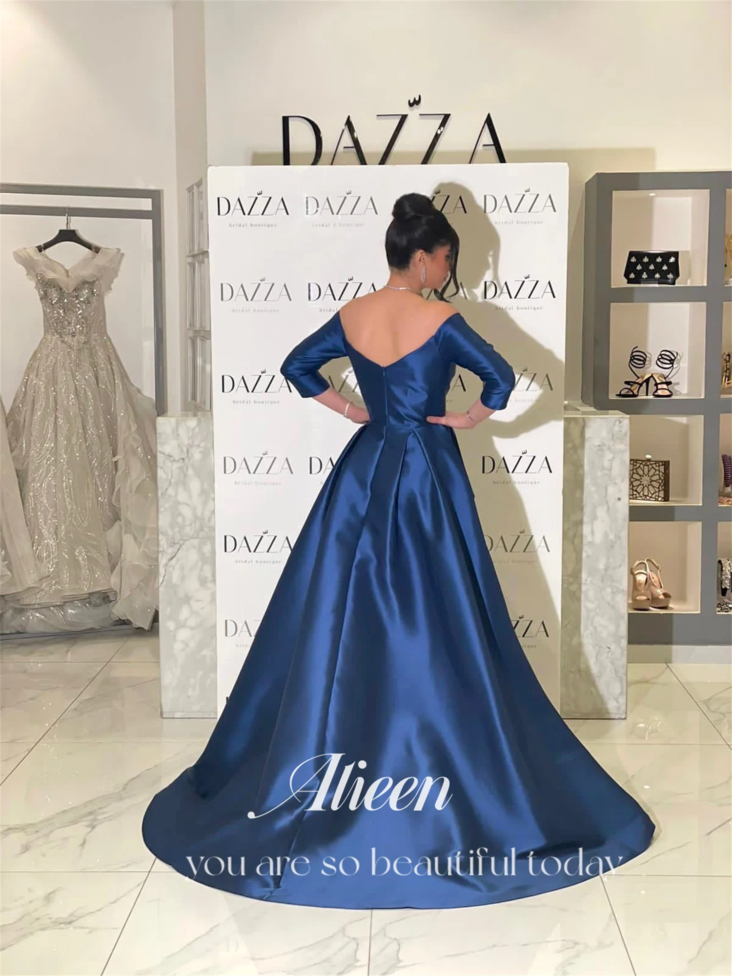 Aileen Off the Shoulders Long Sleeves Blue Satin Formal Occasion Dresses on Offer Evening Clearance Elegant Dress Woman 2024