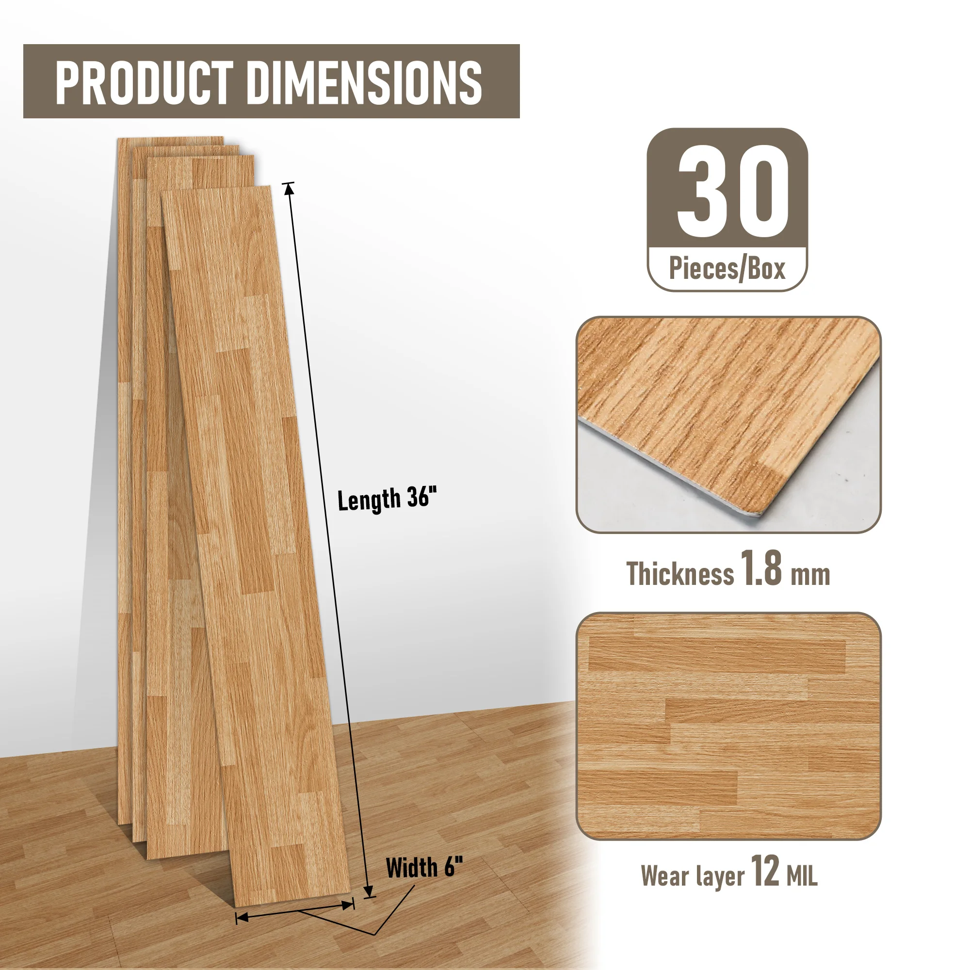 30 قطعة من أرضيات بلاط الفينيل قابلة للتقشير واللصق، مقاومة للماء، خشب بني (45 قدم مربع/صندوق) للولايات المتحدة #3