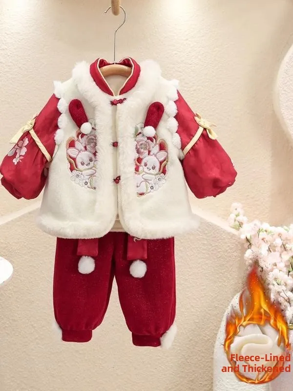 

Girls' Winter New Year Hanfu Set Children's Tang Suit Baby Girl's Year-End Visit Clothing Long Sve round Ne Other Material