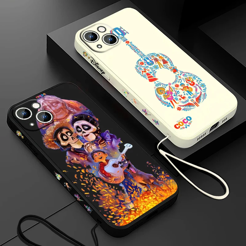 Coco Disney Cartoon Film Phone Case For Apple iPhone 15 14 13 12 11 Pro Max Plus 8 7 SE Liquid Left Rope Soft Cover