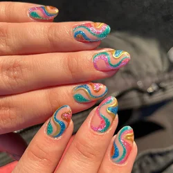 Uñas postizas de almendra con diseño de serpiente y purpurina, Stiletto francés, cubierta completa, manicura DIY, prensa en puntas de Arte de uñas, 24 piezas por lote