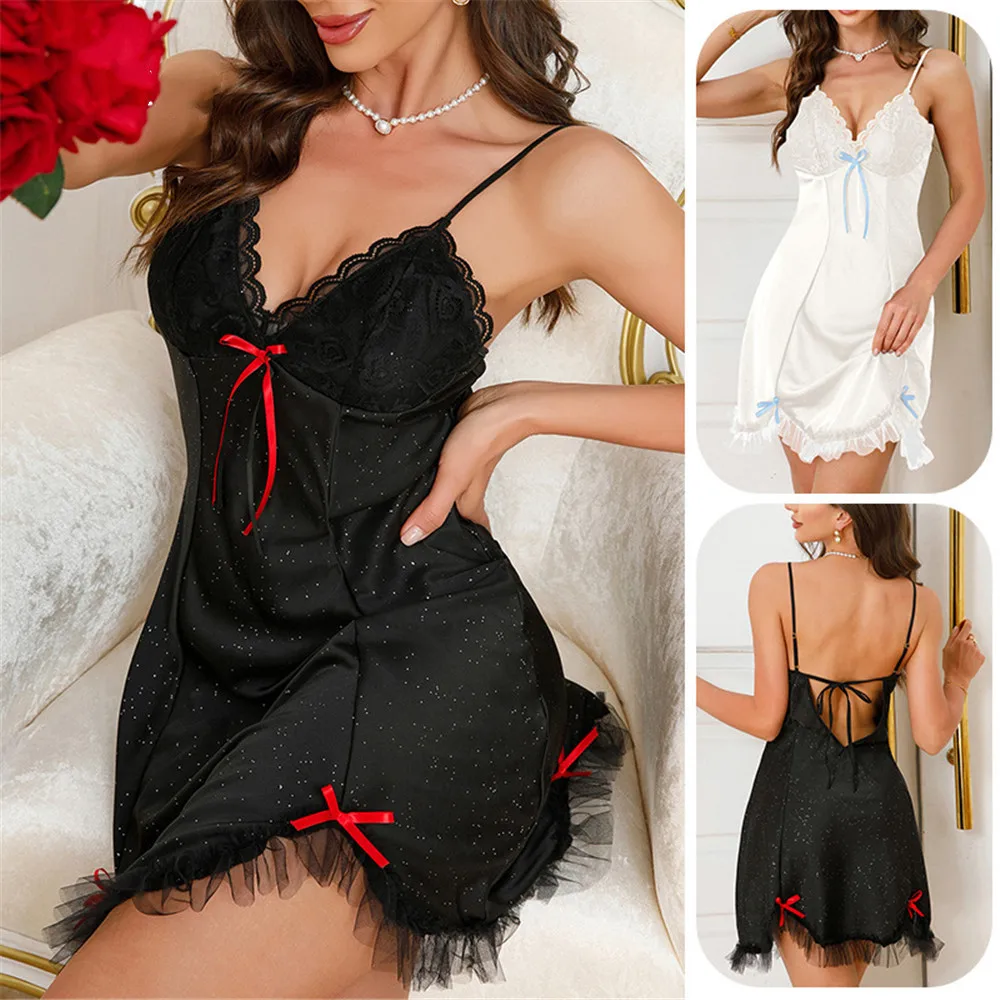 

Sexy Suspender Lace Trim Short Nightgown Women's Sleepwear Home Gown Summer Silk Satin Nightdress Loungewear