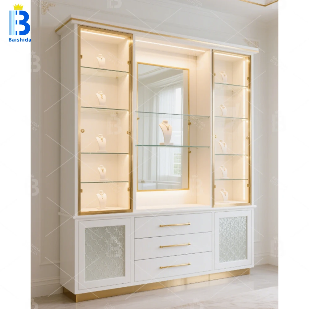 Custom.Modern American Design Jewelry Showcase LED Exhibition Display Rack Shop Abroad Jewelry Display Cabinet