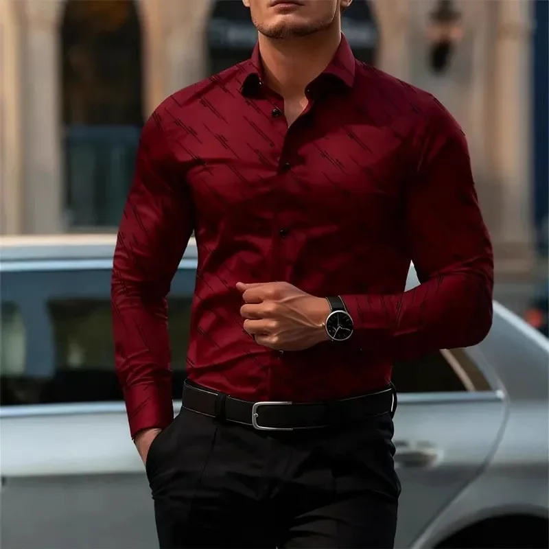 

100% Polyester Men Fashion Long Sleeve Business Casual Shirt Tops Men Lapel Button Shirt