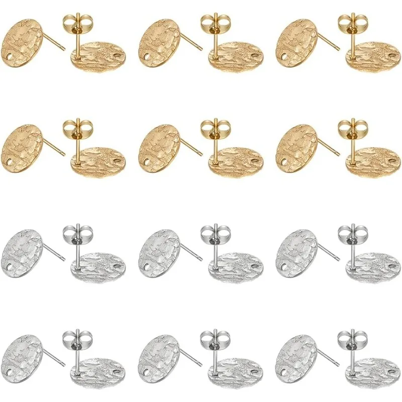 60Pcs 2 Colors Flat Round Posts 30 Pairs Stainless Steel Stud Earring with Backs Metal Earring Post Textured