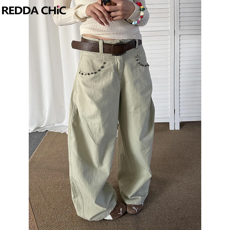 

Женские джинсы ReddaChic с заклепками и карманами, винтажные повседневные джинсы-бойфренды цвета хаки с высокой талией, прямые широкие джинсовые брюки для выхода на улицу в стиле стритвир