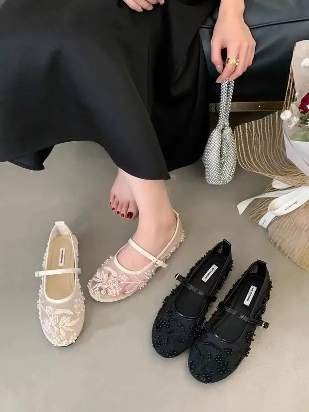 Mesh Embroidery String Bead Design Women Ballet Flats Fashion Buckle Breathable Mary Jane Shoe Comfort Low Heel Soft Flat Sandal