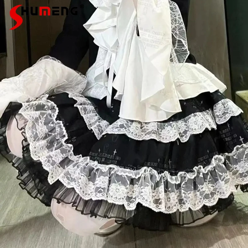 

Japanese Subculture Black And White Cartoon Rabbit Ear Puff Skirt Rojita Cute Hot Girl Lace Versatile High-waisted Cake Skirts