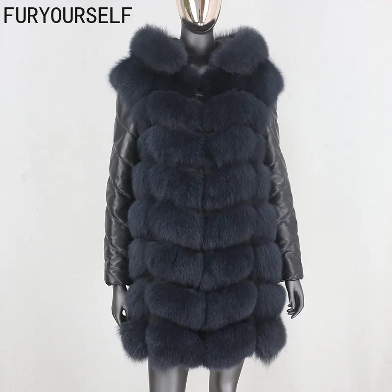 

FURYOURSELF Women Real Fur Coat 2023 Brand Long Winter Jacket Natural Fox Fur Hooded Genuine Leather Sleeve Outerwear Streetwear