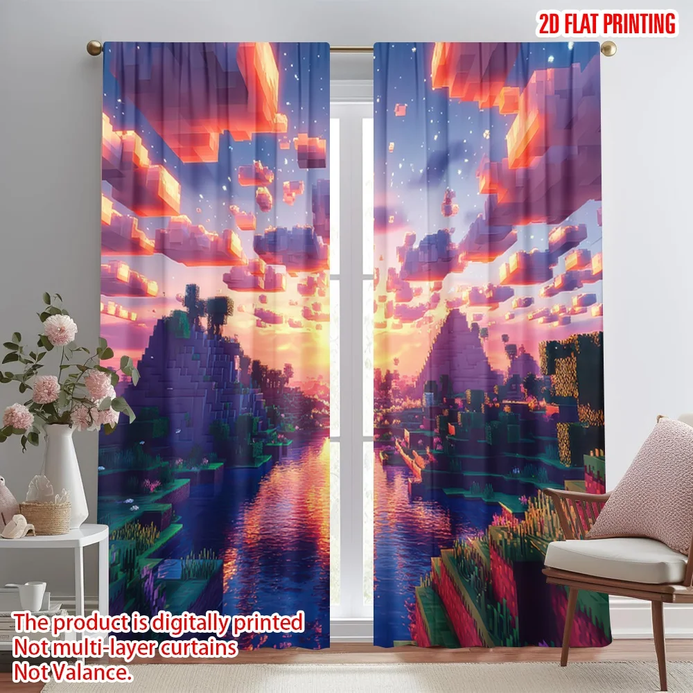 

2D flat printing 2pcs Scene Curtain Pixelated Sunset Landscape(1) Digital Printed Polyester Drapes Holiday Decorations Use for