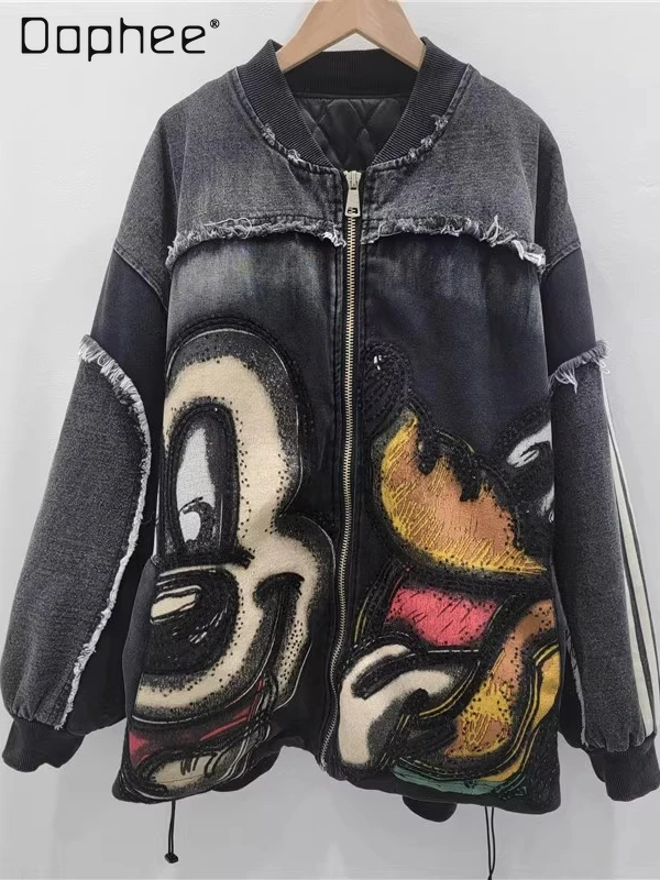 

Jackets for Women 2025 Autumn Winter New Loose Mid-Length Cartoon Heavy Craft Stand Collar Thickened Jacket Top Coats