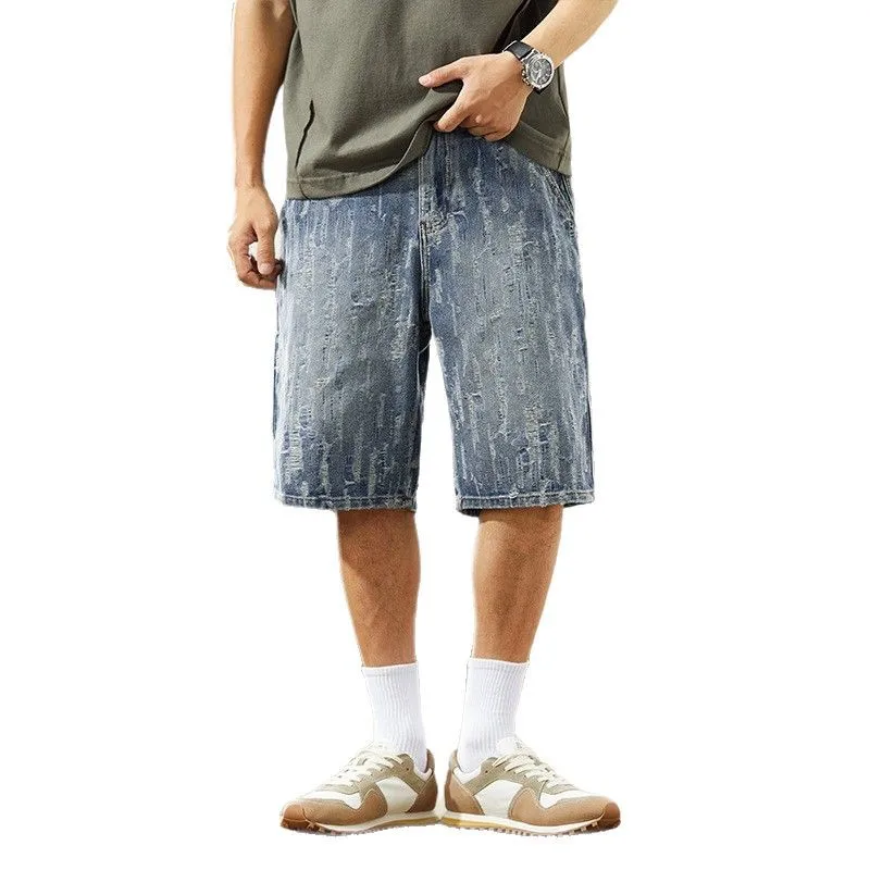 

Men Streetwear Loose Casual Washed Ripped Denim Shorts Cityboy Summer Fashion Plus Size Medium Length Jeans Shorts Pants