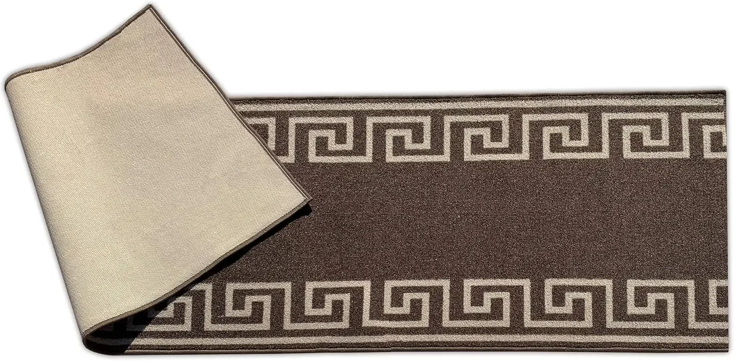 Size Greek Key Design Brown Color Rubber Backed Non-Slip Hallway Stair Runner Rug Carpet 31 Inch Wide by Your Length 31in x 32ft