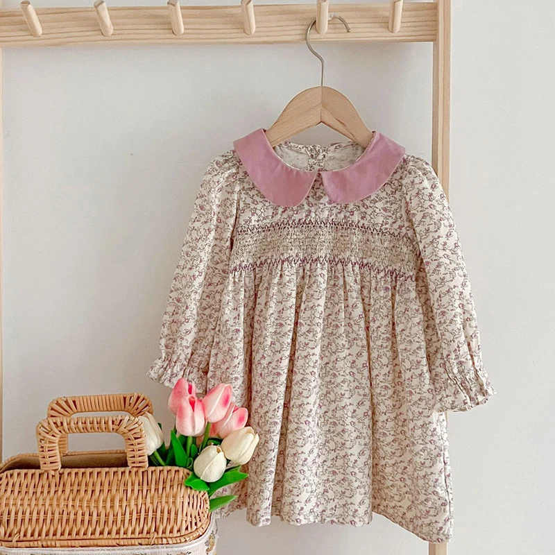 New Girls Clothes Autumn Smocking Dress Floral Children\'s Set Outerwear Outfits Spring Kids Clothing Baby Girls Princess Dress