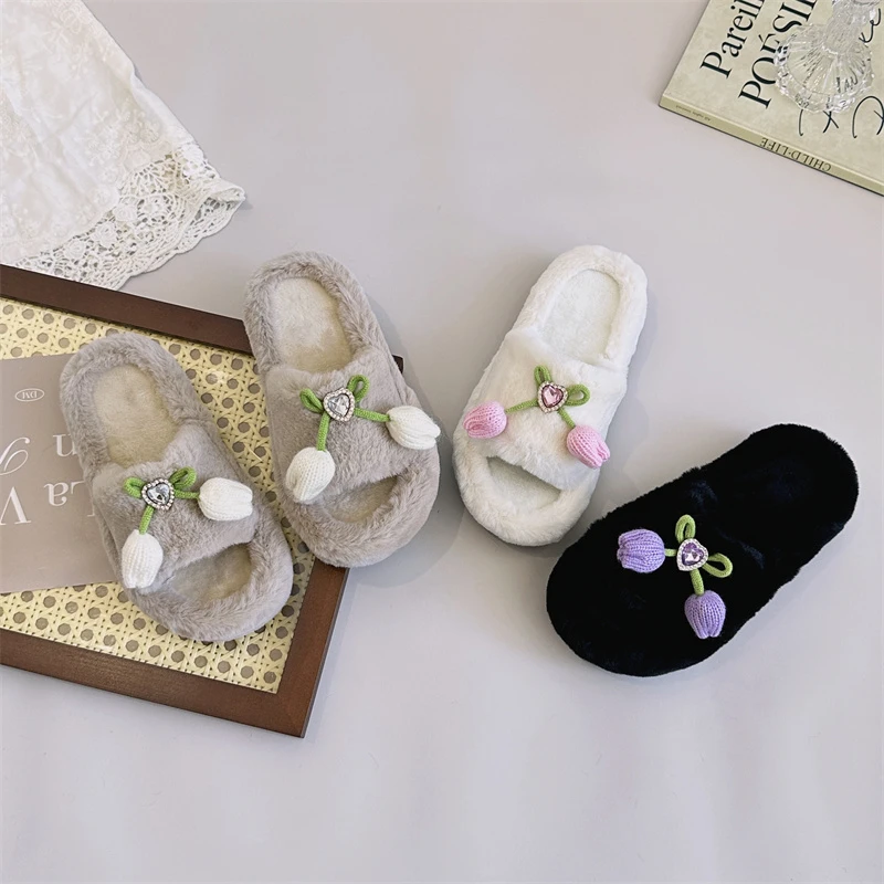 

Детские хлопковые тапочки с милым цветком, новые зимние меховые тапочки принцессы с открытым носком для девочек, мягкие детские модные плюшевые тапочки