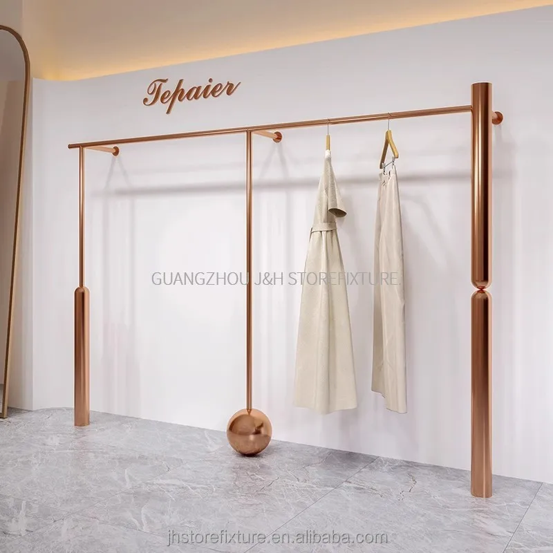 Customized Rose Gold Garment Rack  Wall-mounted Clothing Store Display Shelves Children Boutique Store Display Rack
