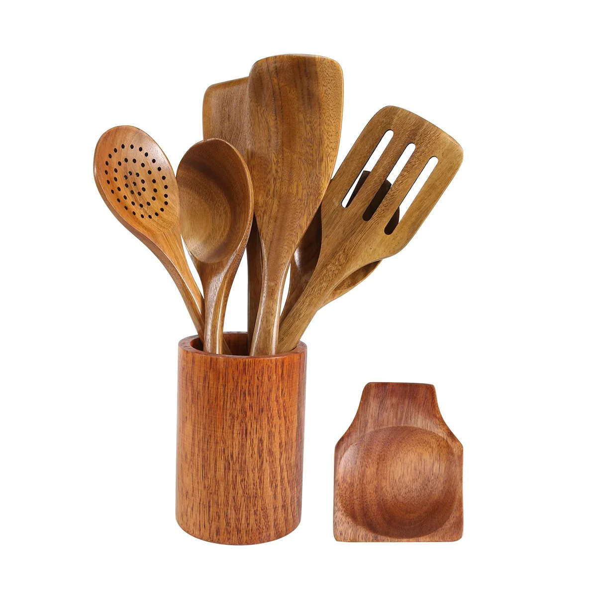 9 PCS Wooden Spoons for Cooking, Wooden Utensils for Cooking with Utensils Holder, Teak Wooden Kitchen Utensils Set