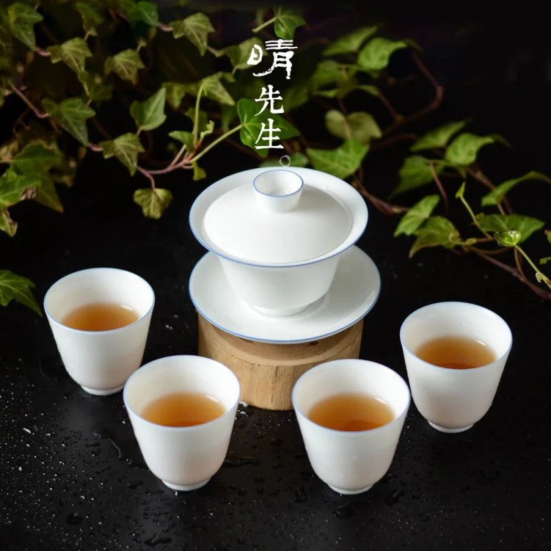 Handmade Sweet White Cover Teacup Three-Piece Tea Bowl White Porcelain Jingdezhen Porcelain Kung Fu Tea Set Tea Brewing Bowl Fou