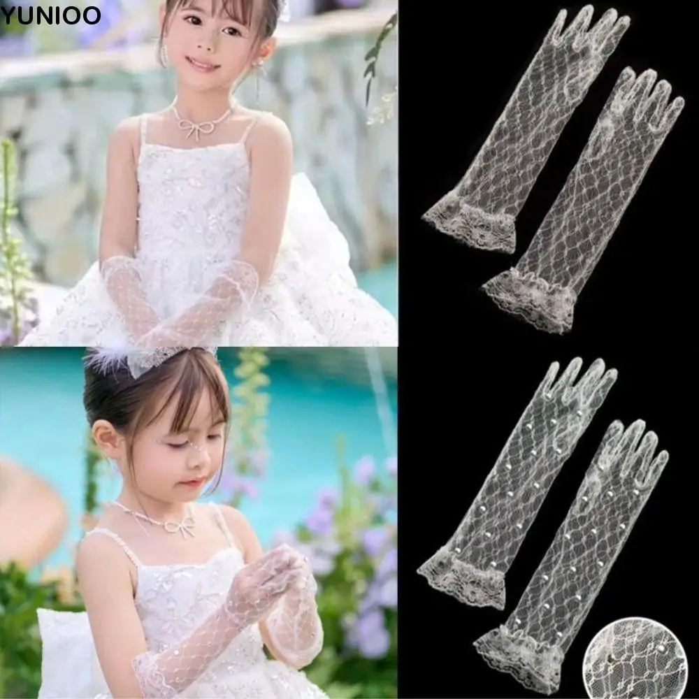 

2Pairs White Children's Lace Gloves Bright Rhinestone Elegant Flower Girls Mittens 28cm Mesh Princess Gloves Cosplay Event