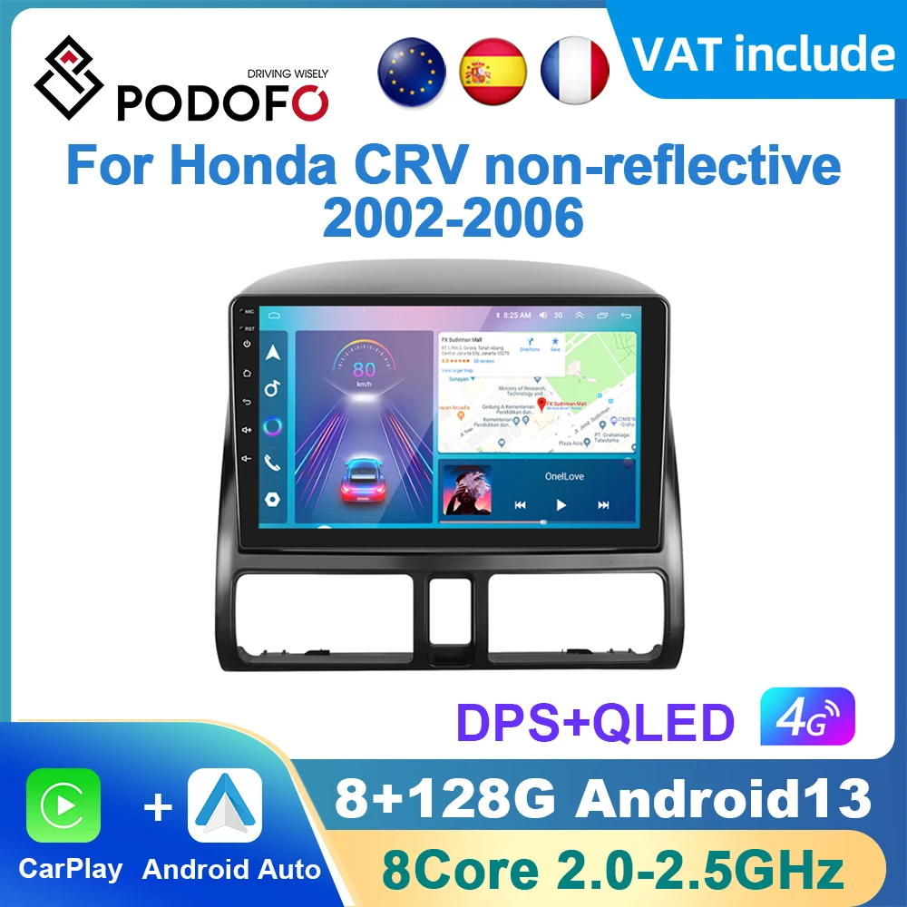 Podofo Android Carplay Car Radio For Honda CRV non-reflective 2002-2006 Android Auto Multimedia Player GPS Navigation RDS Radio