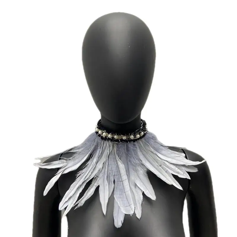 k Victorian Natural Lace Pearls Feather Fake Neck Collar Gothic Choker Collar Wrap Cape Scarves Cosplay Shawl Party Stage Perfor