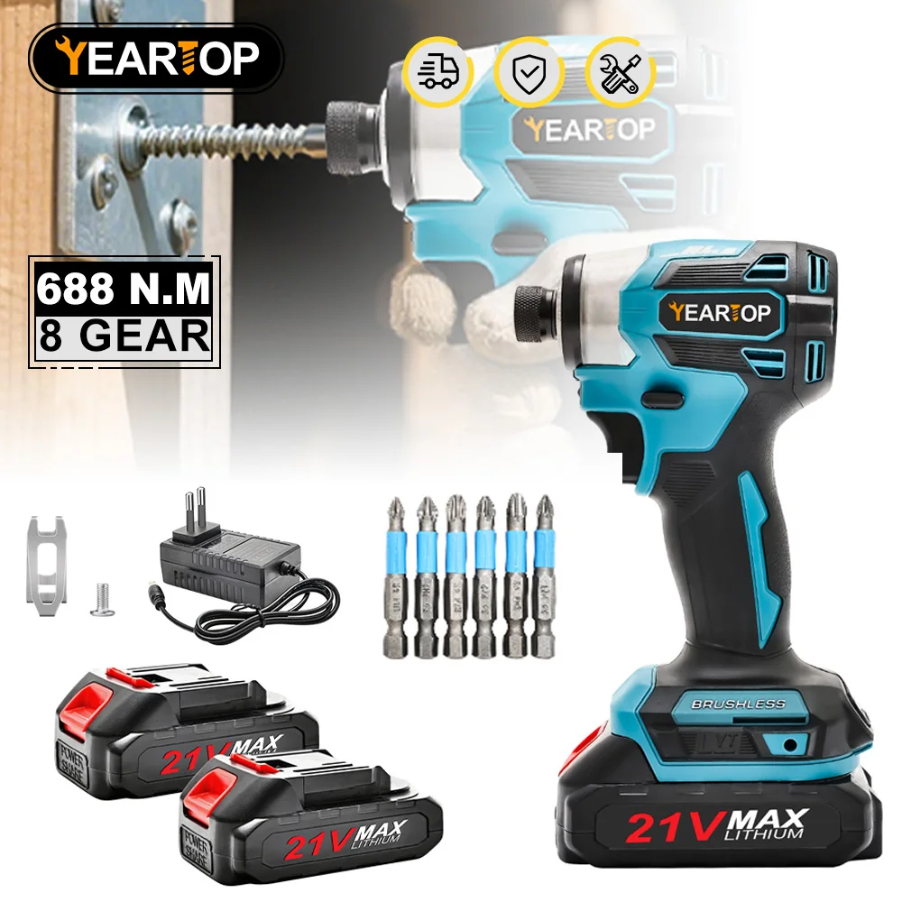 688N.m 1/4'' Brushless Electric Impact Driver Screwdriver Driller Cordless Rechargeable Electric Drill for Makita 18V Battery