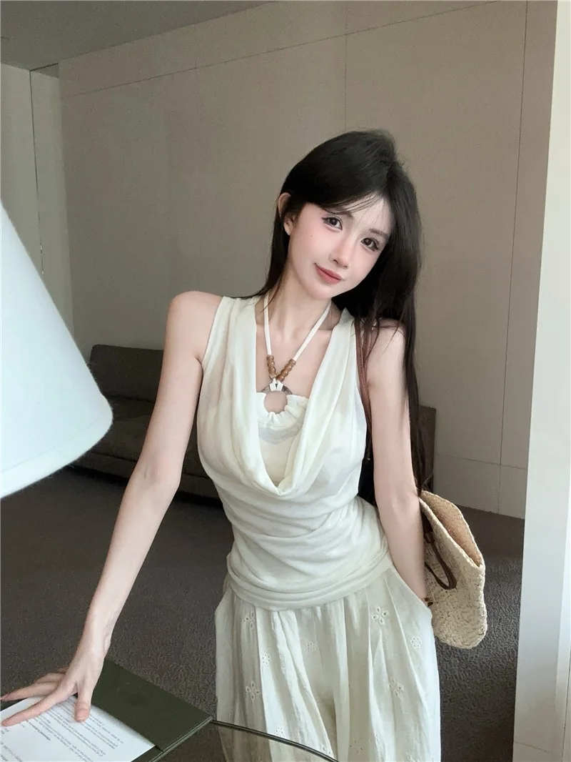Design Sensation Gathered Neckline Beaded Hanging Neck Sleeveless Vest Summer Sweet And Spicy Girl Elegant Fake Two-Piece Sli...