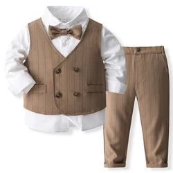 4Piece Sets Spring Toddler Boys Clothes Korean Fashion Gentleman Suit Cotton Tops+Vest+Pants+Tie Baby Boutique Clothing BC763