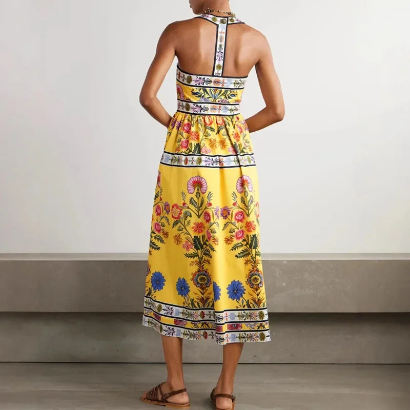 Elegancka Sukienka Damska w Stylu Vintage z Plisowanym Nadrukiem Boho, Seksowna Sukienka Bez Rękawów z Dekoltem typu Halter i Odkrytymi Plecami, Długa Sukienka Codzienna z Kieszeniami i Wycięciami, Sukienka Wakacyjna